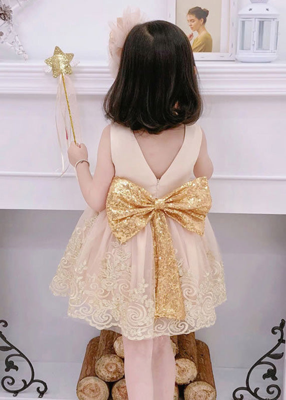 Cute Lotus Root Powder Color Square Collar Lace Patchwork Kids Maxi Dress Summer