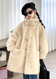 Cute Milk Tea Color Peter Pan Collar Pockets Mink Velvet Girls Long Coats Winter