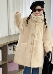 Cute Milk Tea Color Peter Pan Collar Pockets Mink Velvet Girls Long Coats Winter