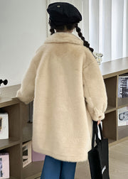 Cute Milk Tea Color Peter Pan Collar Pockets Mink Velvet Girls Long Coats Winter