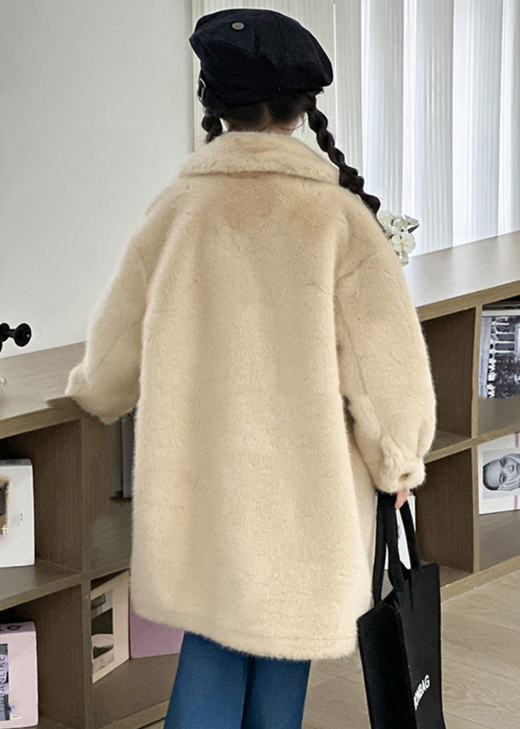 Cute Milk Tea Color Peter Pan Collar Pockets Mink Velvet Girls Long Coats Winter