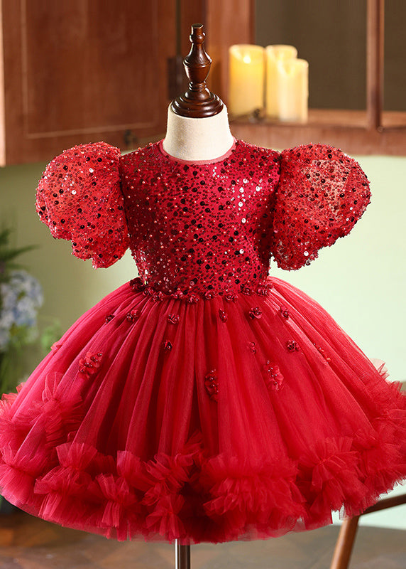 Cute Mulberry O-Neck Ruffled Tulle Kids Maxi Dresses Short Sleeve