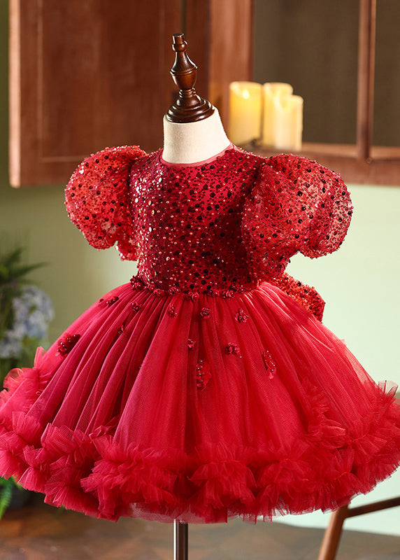 Cute Mulberry O-Neck Ruffled Tulle Kids Maxi Dresses Short Sleeve