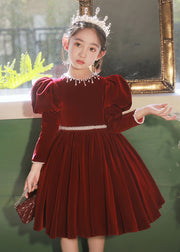 Cute Mulberry Patchwork Nail Bead Silk Velour Girls Long Dress Spring