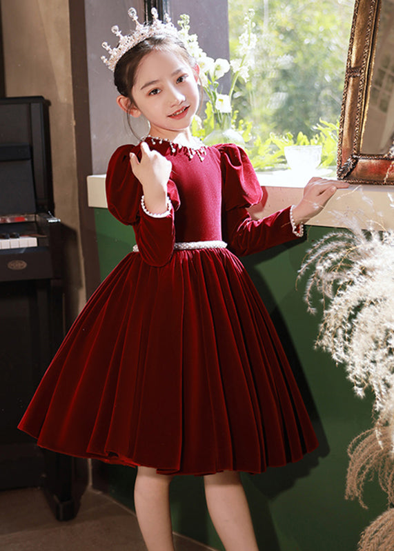 Cute Mulberry Patchwork Nail Bead Silk Velour Girls Long Dress Spring