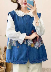 Cute Navy Embroidered Patchwork Button Waistcoat Sleeveless
