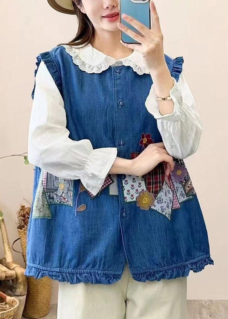 Cute Navy Embroidered Patchwork Button Waistcoat Sleeveless