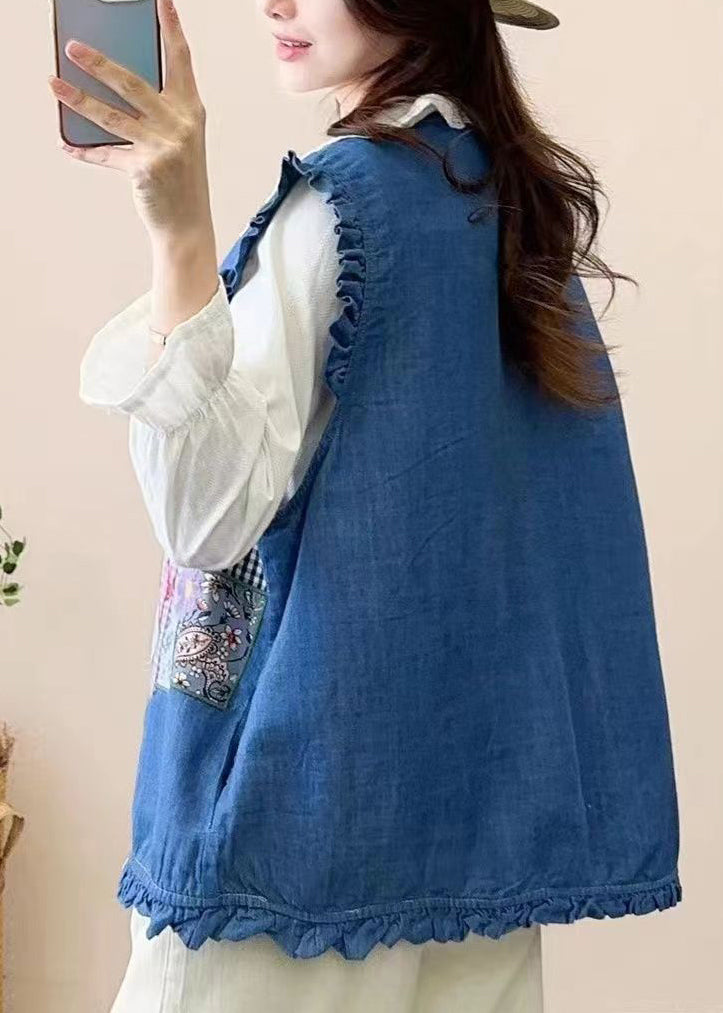 Cute Navy Embroidered Patchwork Button Waistcoat Sleeveless