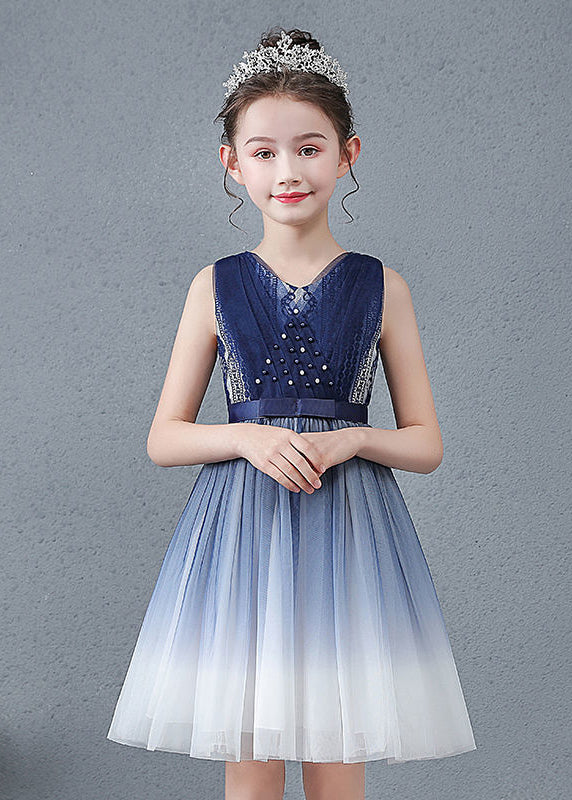 Cute Navy V Neck Nail Bead Gradient Color Tulle Baby Girls Maxi Dress Summer