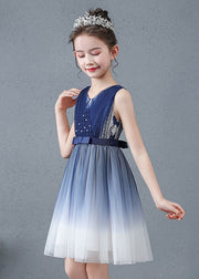 Cute Navy V Neck Nail Bead Gradient Color Tulle Baby Girls Maxi Dress Summer