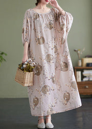 Cute O-Neck Print Wrinkled Holiday Maxi Dress Puff Sleeve