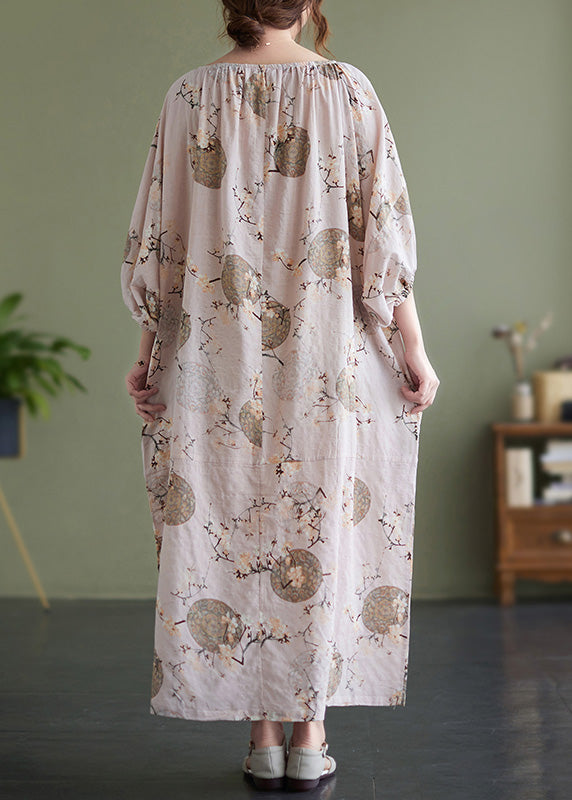 Cute O-Neck Print Wrinkled Holiday Maxi Dress Puff Sleeve