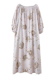 Cute O-Neck Print Wrinkled Holiday Maxi Dress Puff Sleeve