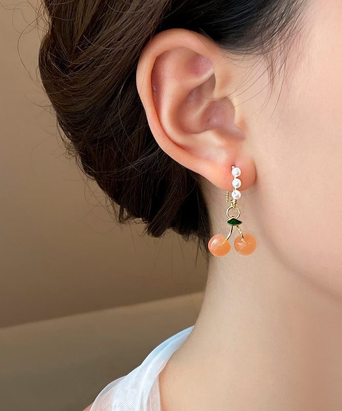 Cute Orange Copper Alloy Pearl Blossom Cherry Drop Earrings