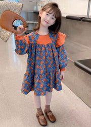 Cute Orange O Neck Print Patchwork Cotton Girls Dress Fall