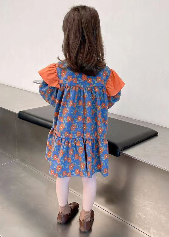 Cute Orange O Neck Print Patchwork Cotton Girls Dress Fall