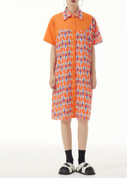 Cute Orange Peter Pan Collar Print Button Mid Dresses Short Sleeve