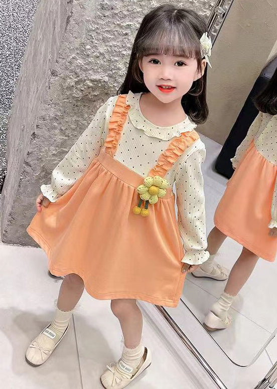 Cute Orange Ruffled False Two Pieces Cotton Girls Dress Fall