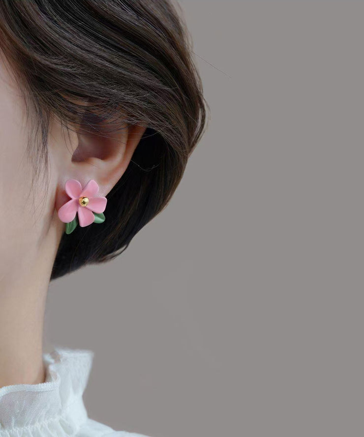 Cute Pink Acrylic Alloy Floral Stud Earrings