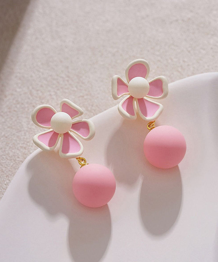 Cute Pink Alloy Floral Pearl Drop Earrings