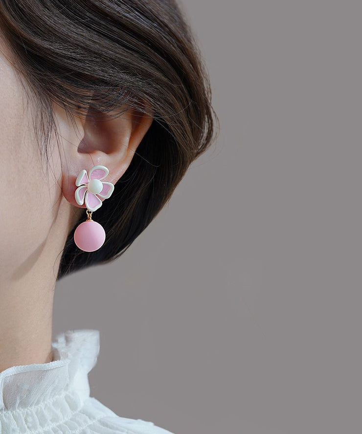 Cute Pink Alloy Floral Pearl Drop Earrings