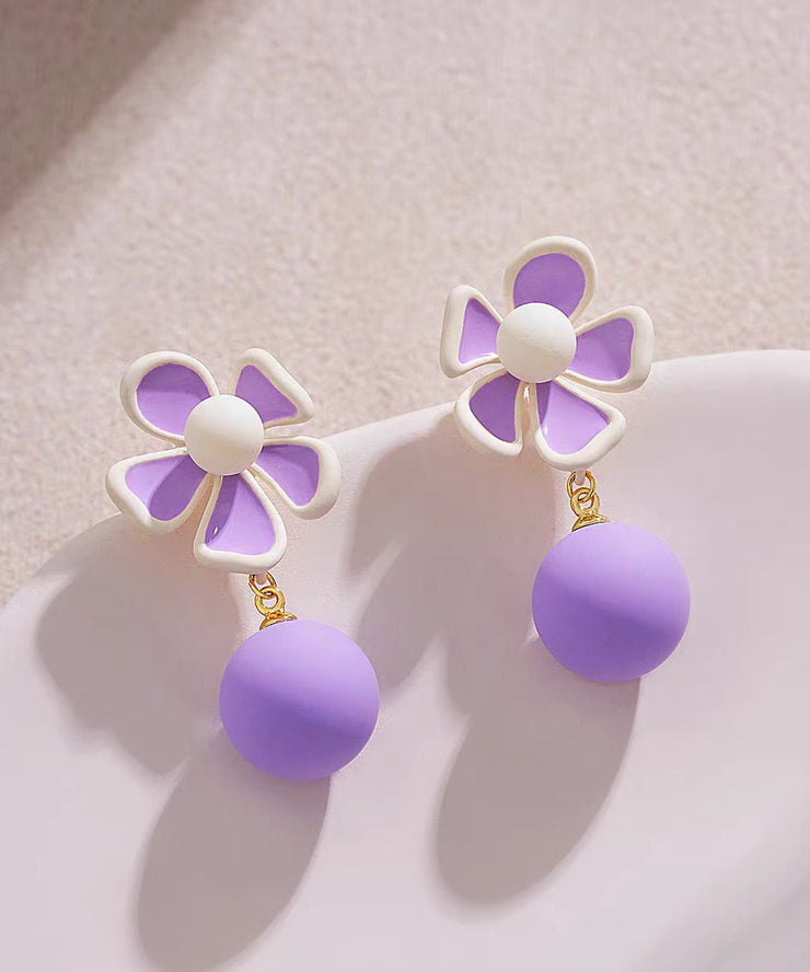 Cute Pink Alloy Floral Pearl Drop Earrings