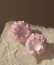 Cute Pink Alloy Inlaid Cat Eye Stone Floral Stud Earrings