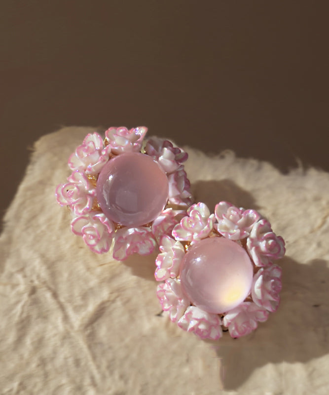 Cute Pink Alloy Inlaid Cat Eye Stone Floral Stud Earrings