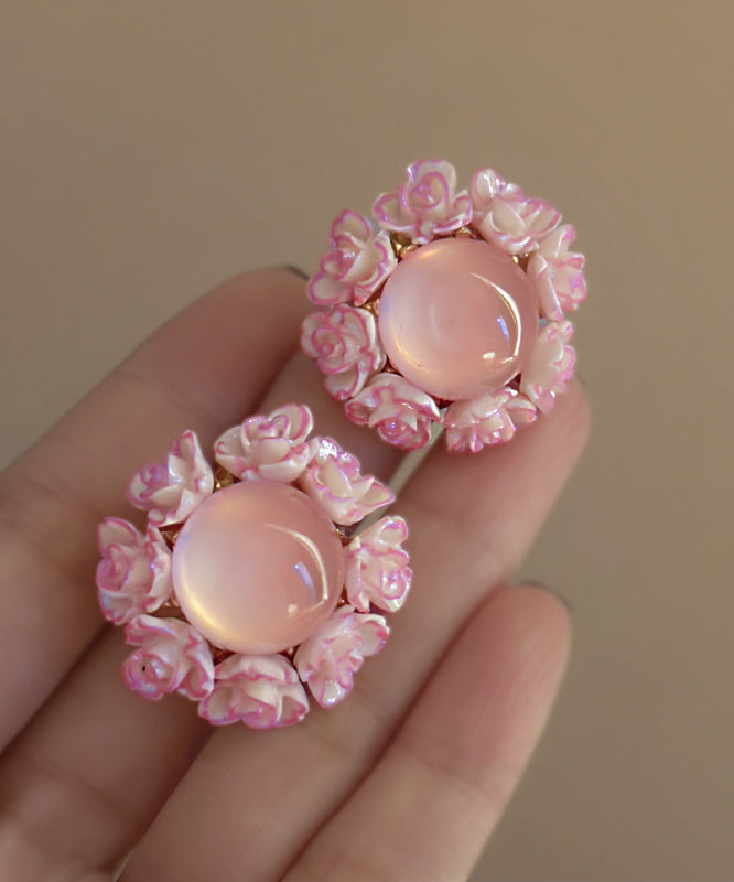 Cute Pink Alloy Inlaid Cat Eye Stone Floral Stud Earrings