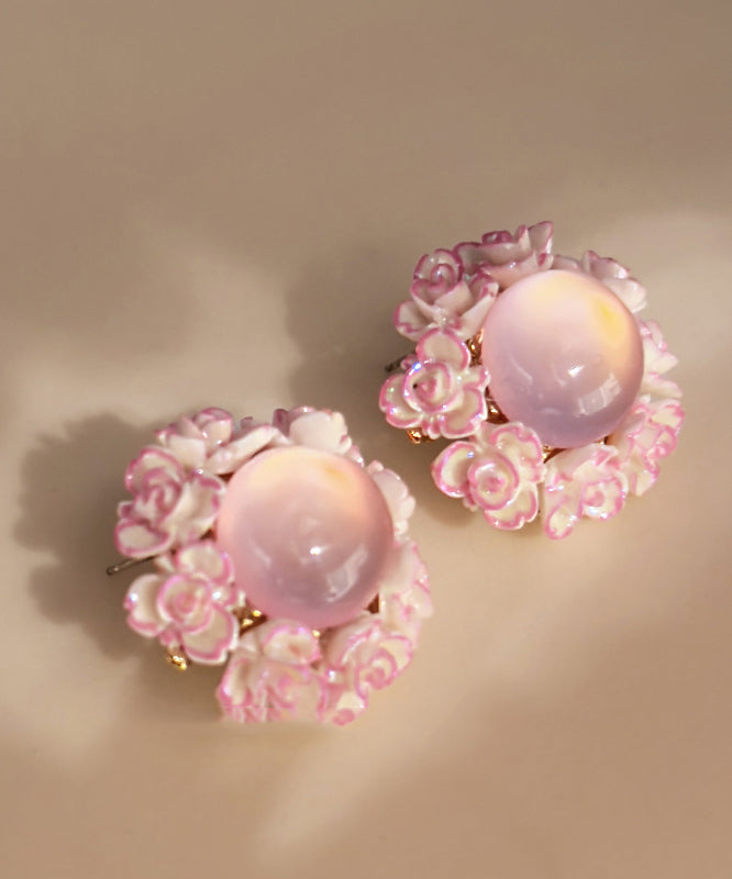 Cute Pink Alloy Inlaid Cat Eye Stone Floral Stud Earrings