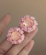 Cute Pink Alloy Inlaid Cat Eye Stone Floral Stud Earrings