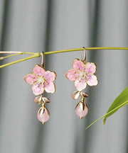 Cute Pink Alloy Inlaid Gem Stone Floral Oil Drip Drop Earrings