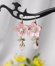 Cute Pink Alloy Inlaid Gem Stone Floral Oil Drip Drop Earrings