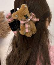 Cute Pink Coffee Plaid Little Bear Zircon Bow Shark Hairpin