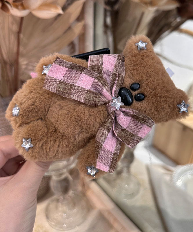 Cute Pink Coffee Plaid Little Bear Zircon Bow Shark Hairpin