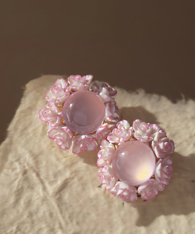 Cute Pink Copper Alloy Resin Floral Cat Eye Stone Stud Earrings