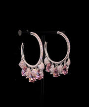Cute Pink Copper Overgild Zircon Tassel Hoop Earrings