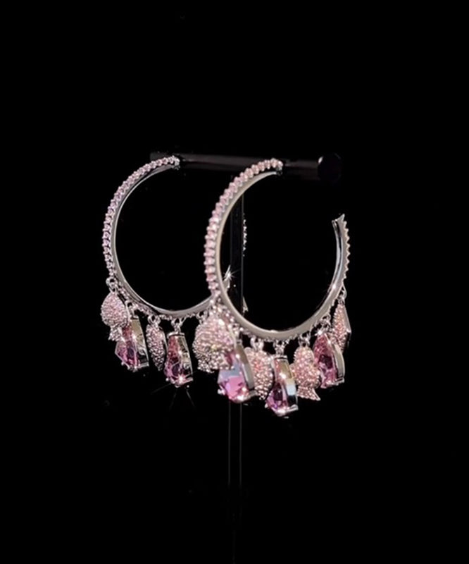 Cute Pink Copper Overgild Zircon Tassel Hoop Earrings