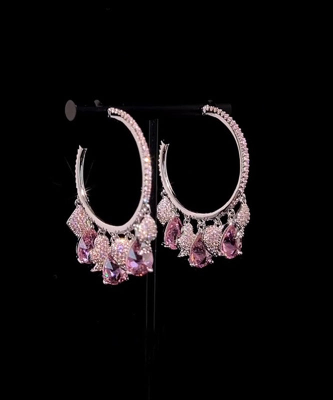 Cute Pink Copper Overgild Zircon Tassel Hoop Earrings