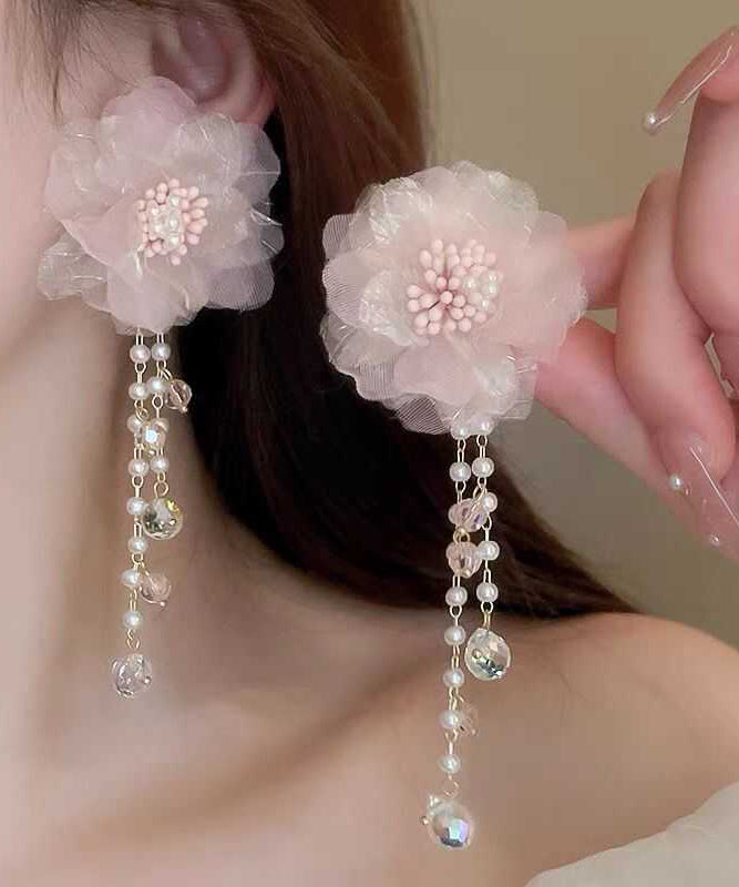 Cute Pink Crystal Pearl Tulle Floral Tassel Drop Earrings