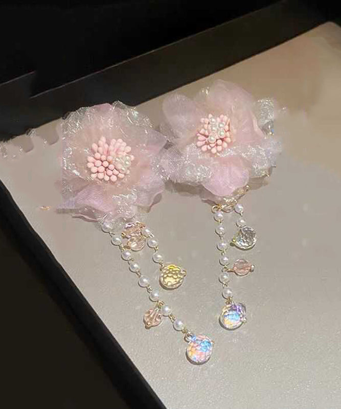Cute Pink Crystal Pearl Tulle Floral Tassel Drop Earrings