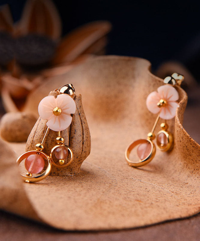 Cute Pink Crystal Shellfish Flower 14K Gold Drop Earrings