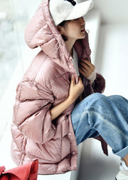 Cute Pink Drawstring Zippered Button Low High Design Hooded Duck Down Filled Down Coat Winter