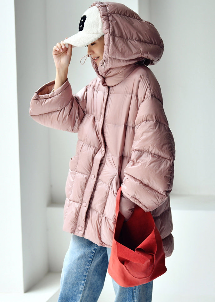 Cute Pink Drawstring Zippered Button Low High Design Hooded Duck Down Filled Down Coat Winter