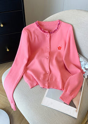 Cute Pink Embroidered Floral Sequins Cotton Knit Cardigans Spring