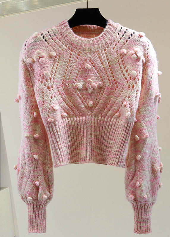 Cute Pink Embroidered Hollow Out Floral Cotton Knit Sweater Winter