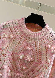 Cute Pink Embroidered Hollow Out Floral Cotton Knit Sweater Winter