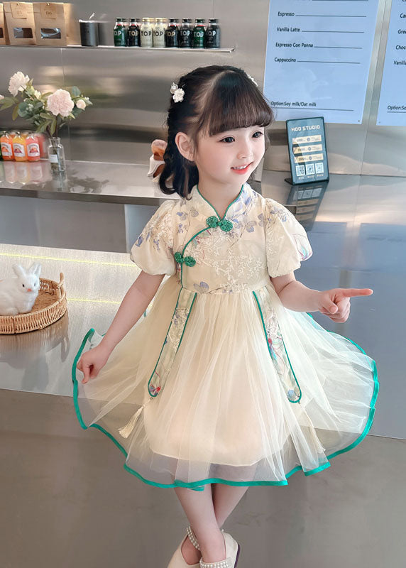 Cute Pink Embroidered Chinese Button Patchwork Tulle Baby Girls Dresses Summer