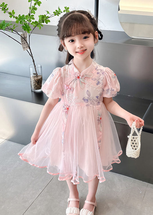 Cute Pink Embroidered Chinese Button Patchwork Tulle Baby Girls Dresses Summer