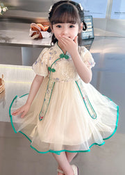 Cute Pink Embroidered Chinese Button Patchwork Tulle Baby Girls Dresses Summer